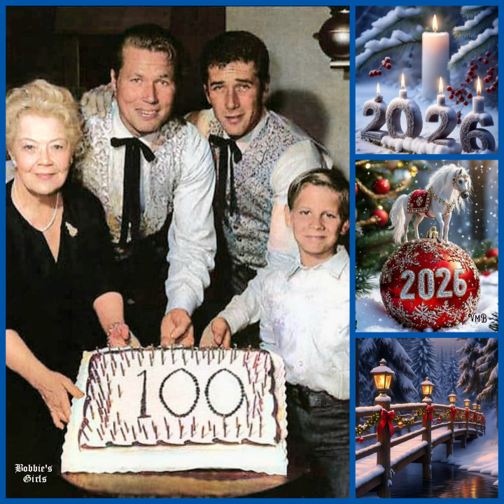 Family posing with a 100 cake in a collage beside winter holiday images marked 2026