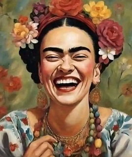 Painting of Frida Kahlo laughing with colorful flowers in her hair and gold jewelry