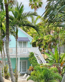 Pastel blue tropical house with white stairs, balcony, and dense palm trees