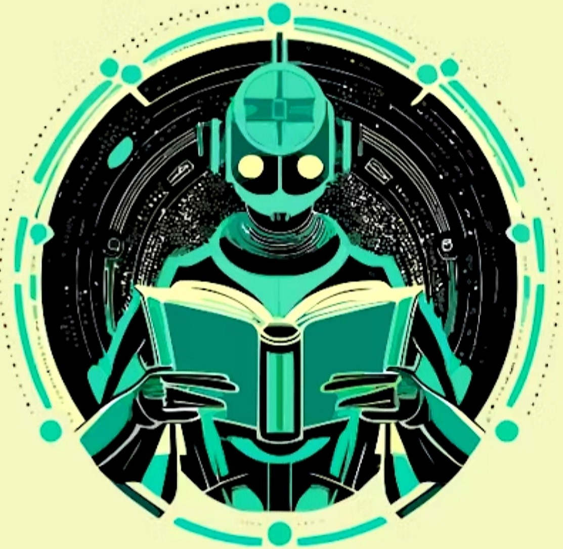 Stylized teal robot reading an open book with a circular futuristic pattern behind it