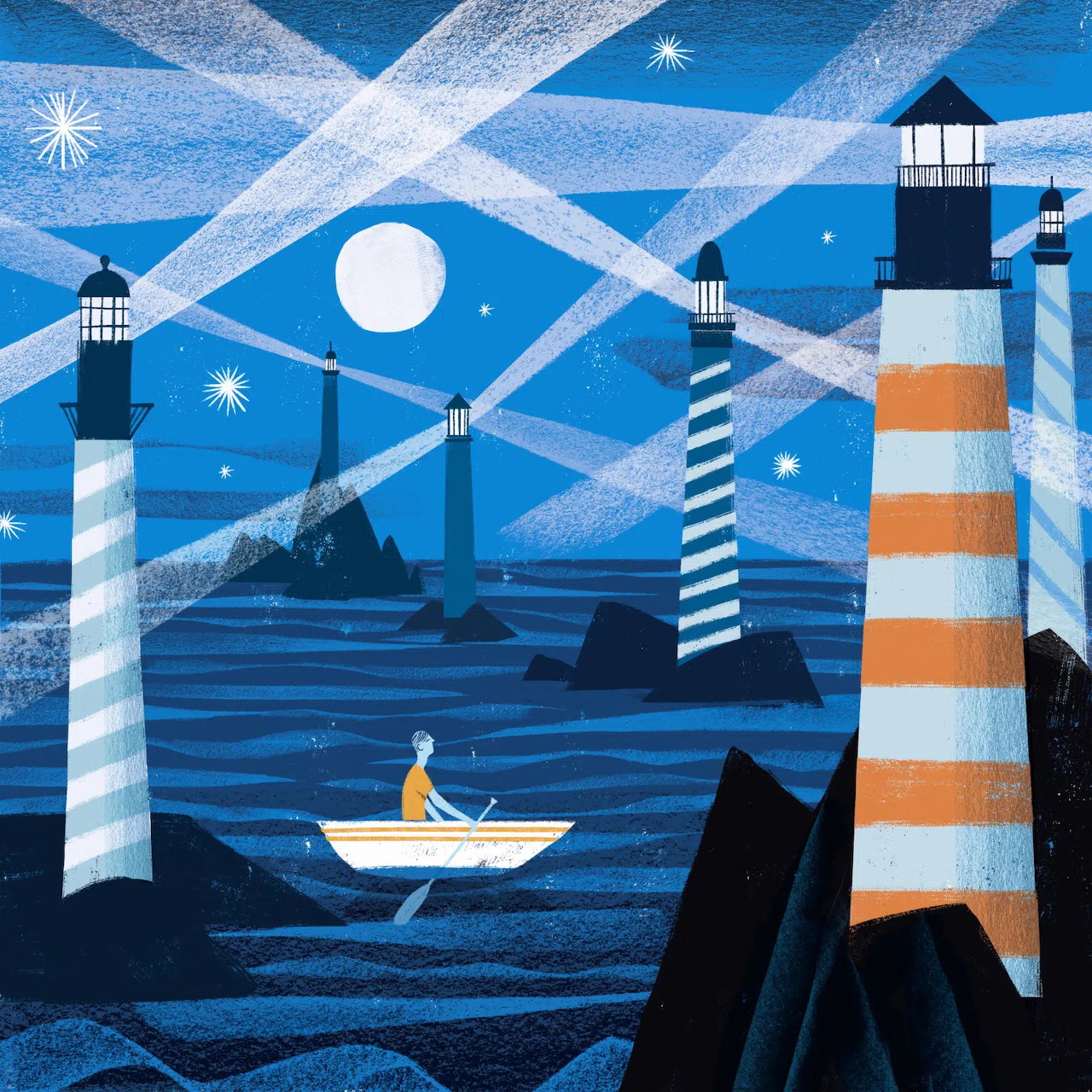 Illustration of lighthouses at night over a blue sea with a small boat under a full moon