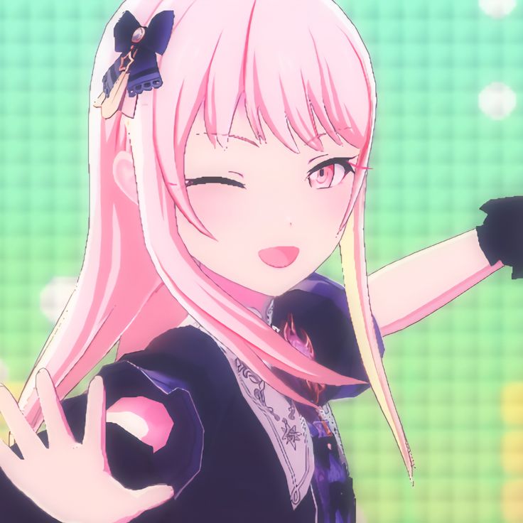 Anime girl with long pink hair winking and posing against a green glowing background