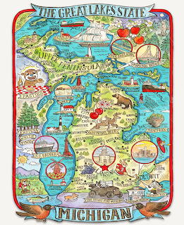 Colorful illustrated map of Michigan with Great Lakes, landmarks, animals, and regional icons in vintage cartoon style