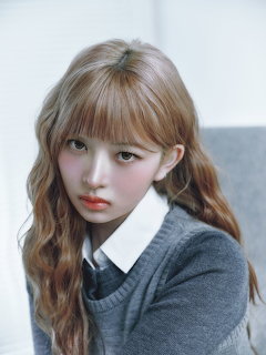 Young woman with long wavy brown hair and bangs in a grey sweater over white collared shirt