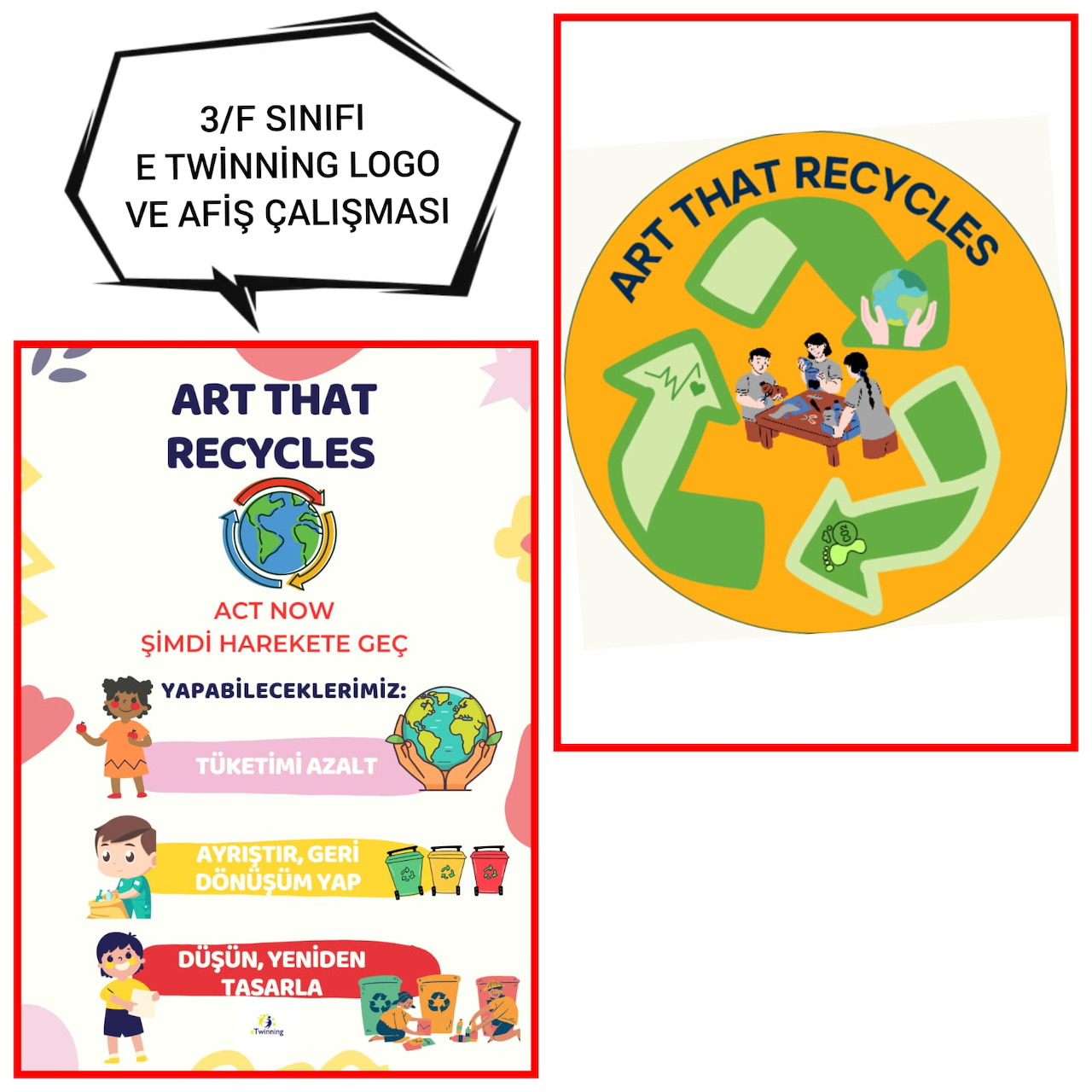 Collage of recycling-themed poster designs and a circular Art That Recycles logo