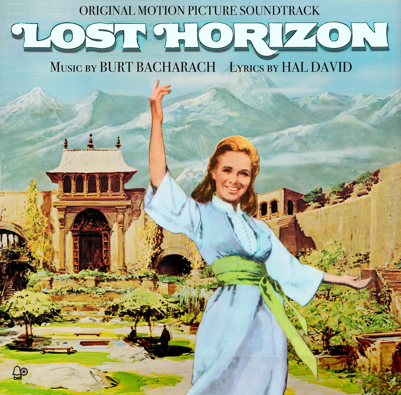 Illustrated Lost Horizon soundtrack cover with a woman in a blue dress and a mountain temple background