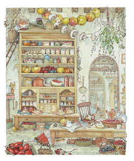 Detailed illustration of a cozy country pantry with shelves full of jars, fruits, and dishes, and small mice characters