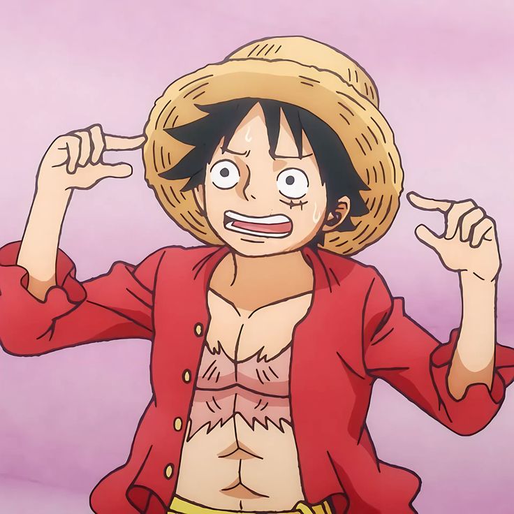 Anime character Luffy with straw hat and red jacket, smiling with arms raised against pink sky