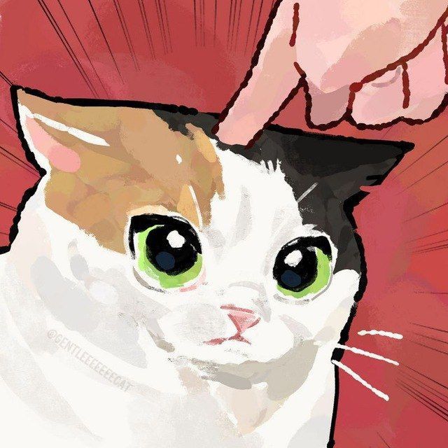 Digital illustration of a calico cat with large green eyes and pink radial background