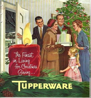 Vintage Tupperware Christmas advertisement with family gathered around tree holding serving dishes