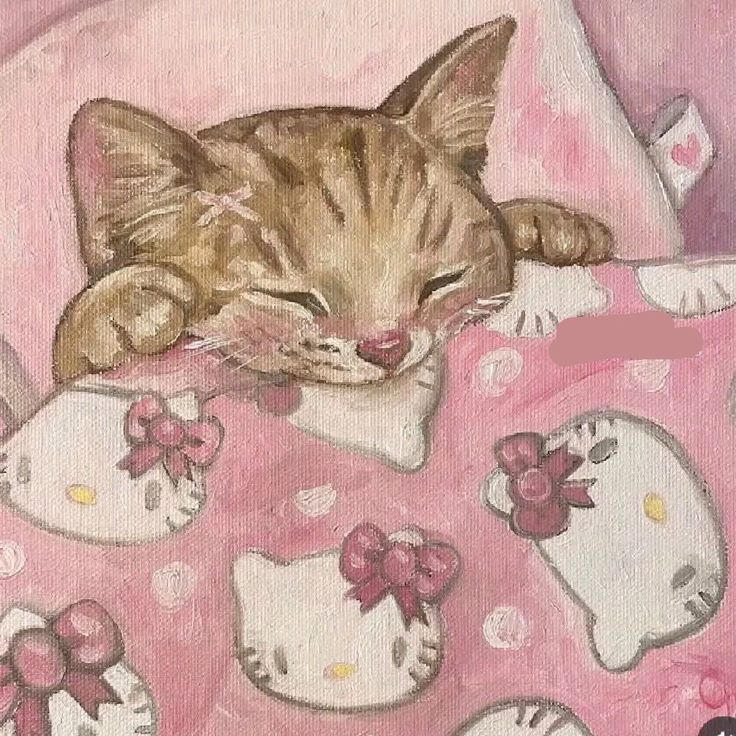Painting of a taby cat sleeping on a pink Hello Kitty blanket
