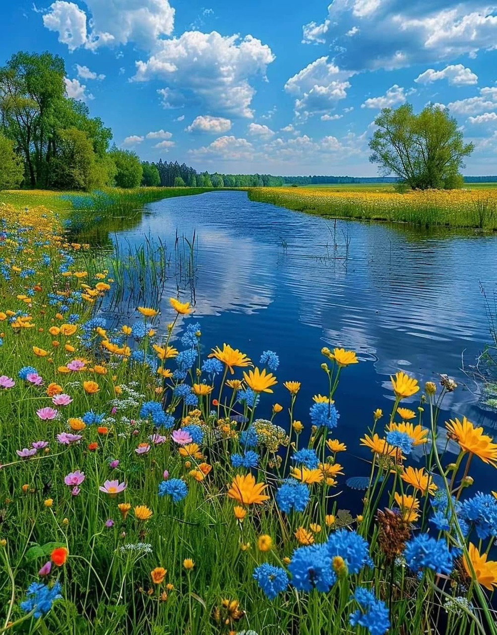 Blue river winding through green meadows with colorful wildflowers and trees under a cloudy blue sky