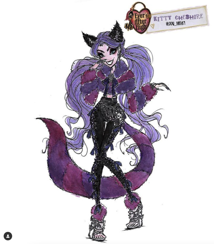 Illustrated portrait of Kitty Cheshire with purple hair and cat ears smiling playfully.