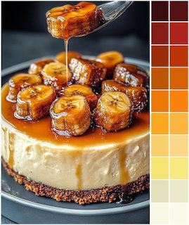 Cheesecake topped with caramelized banana slices and caramel sauce beside a brown-orange color palette