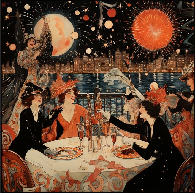 1920s Art Deco illustration showing women in flapper attire celebrating New Year's with fireworks overhead