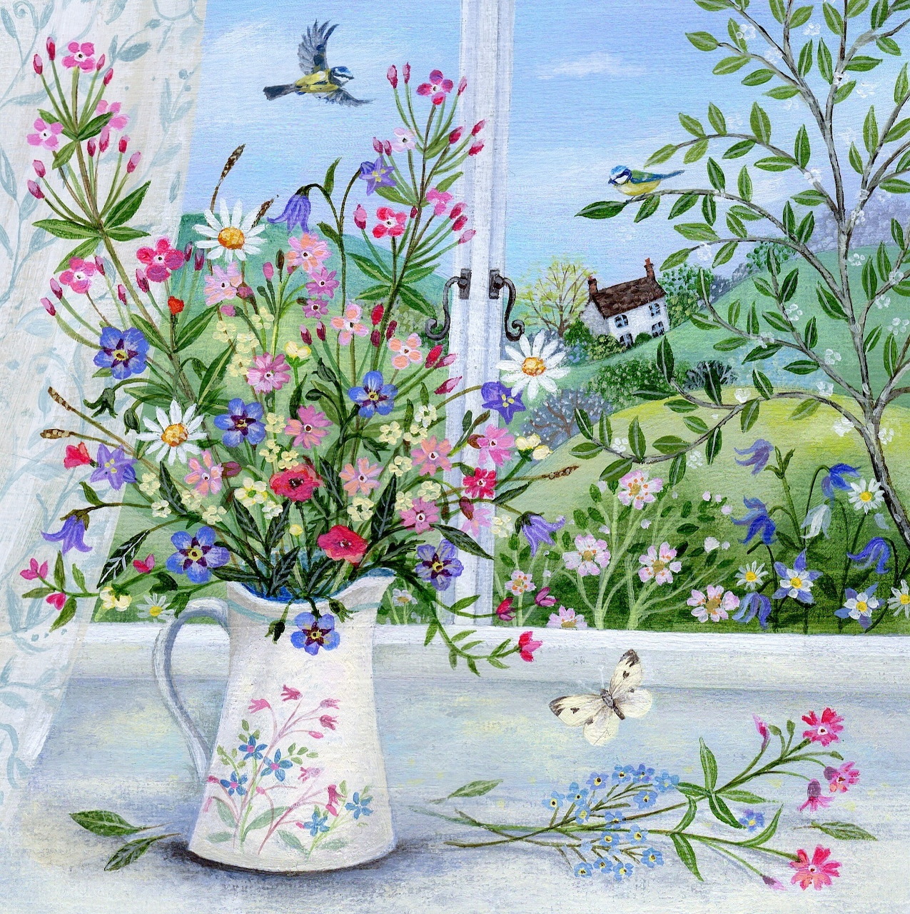 Wildflower bouquet in white pitcher on windowsill overlooking garden with birds and foliage