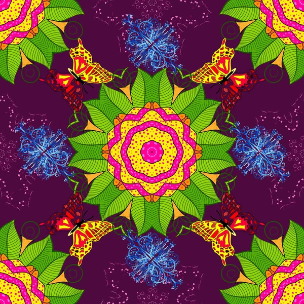 Symmetrical mandala with green leaves, yellow and pink flowers, and blue butterflies on purple background