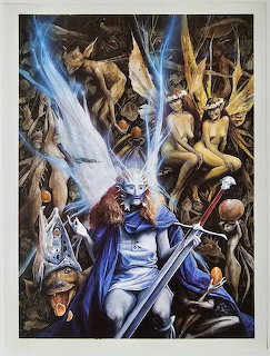 Fantasy art showing gods and monsters in an intense battle with lightning and magical energy