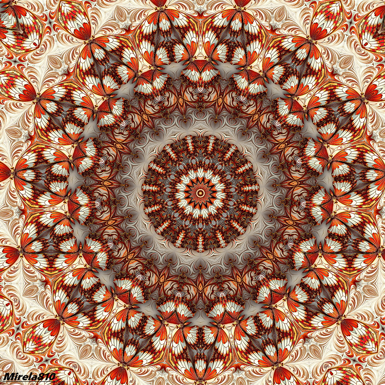 Symmetrical mandala with orange floral patterns in concentric circles on cream background