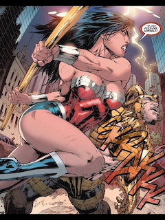 Wonder Woman swinging her golden lasso in a fierce battle scene from a DC comic book illustration