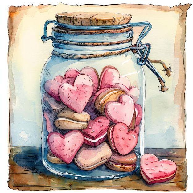 Watercolor painting of heart-shaped cookies in a glass jar with cork lid