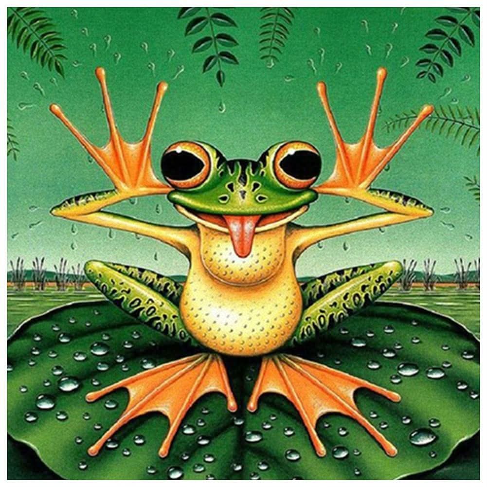 Stylized green frog with orange webbed feet sitting on a dew-covered leaf with arms raised