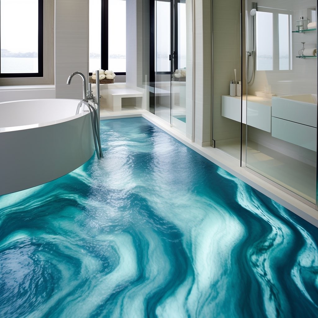 Luxury bathroom with turquoise marbled ocean wave floor design, freestanding white tub and glass shower enclosure