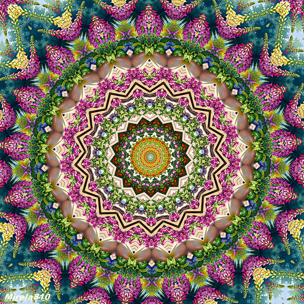 Colorful symmetrical mandala with pink flowers and green leaves radiating from golden center in ornate circular pattern