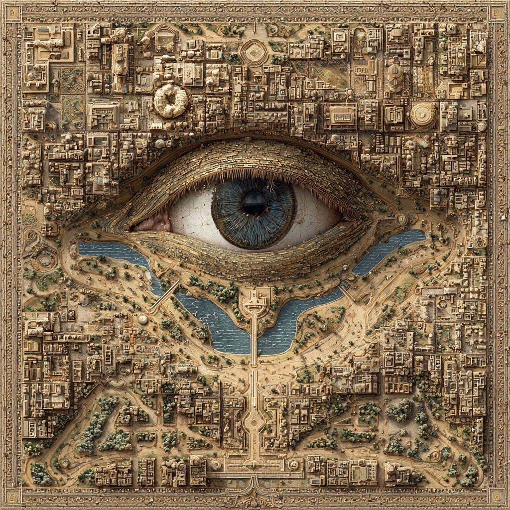Large realistic eye centered in ornate city map with rivers and buildings in sepia
