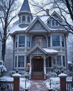 Snow-covered Victorian mansion with turret and ornate details at winter dusk