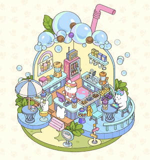 Colorful isometric illustration of a tiny bubble tea shop with cute animal characters and floating bubles