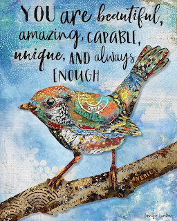 Colorful painted bird on a branch with a handwritten inspirational quote on a blue background
