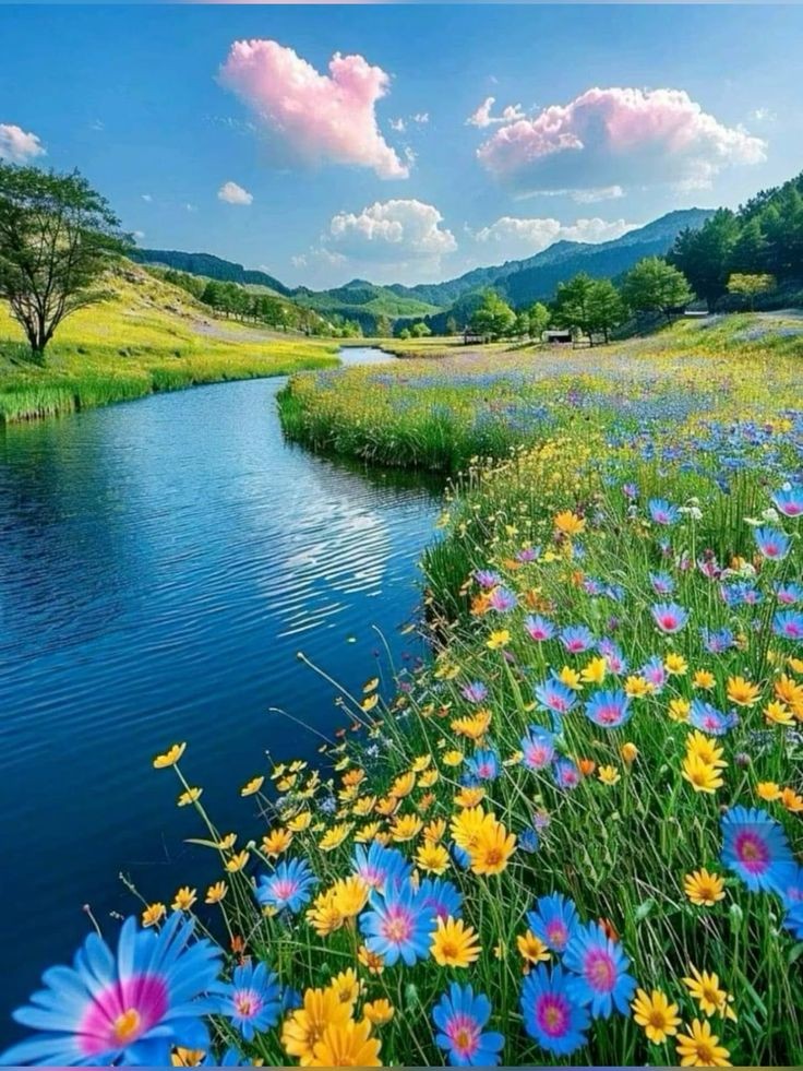 Colorful wildflowers lining a calm river through a green valley with mountains and blue sky