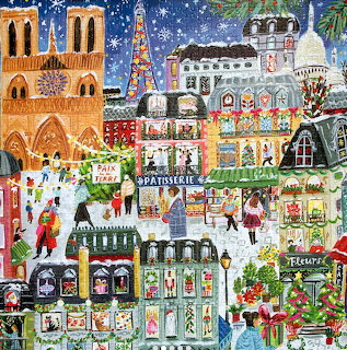 Colorful illustrated Paris cityscape with Christmas decorations, snow, cafes, and iconic landmarks