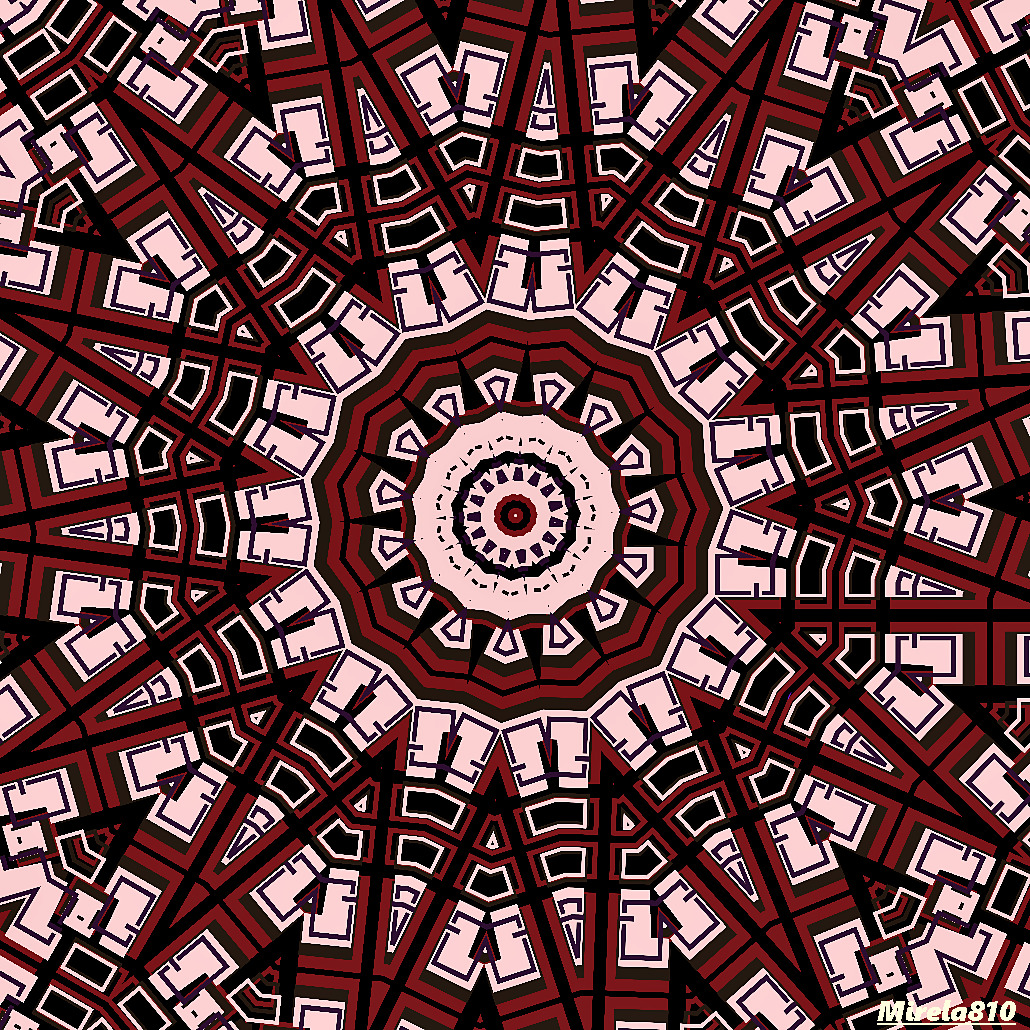 Symmetrical red and white mandala with intricate geometric patterns radiating from center