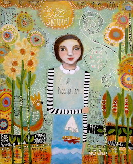 Mixed media illustration of girl with big eyes in striped top amid colorful flowers, houses, and pattern circles