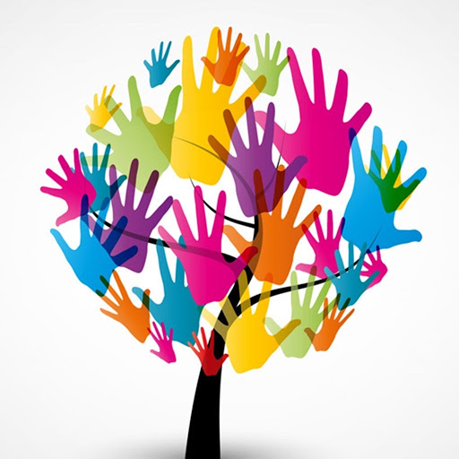 Tree with trunk and branches made of colorful handprints in rainbow colors