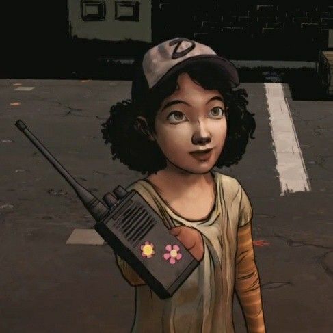 Stylized image of Clementine holding a walkie-talkie and looking upward on a street