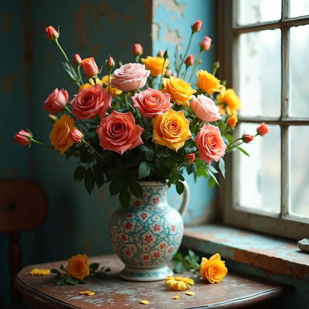 Colorful bouquet of roses in various shades displayed in an ornate vase near a bright window