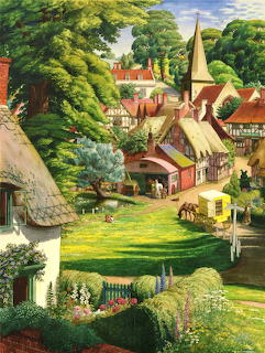Painted English village with thatched roof cottages, church, and green landscape