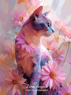 Painted cat surrounded by pink flowers in a soft, colorful floral scene