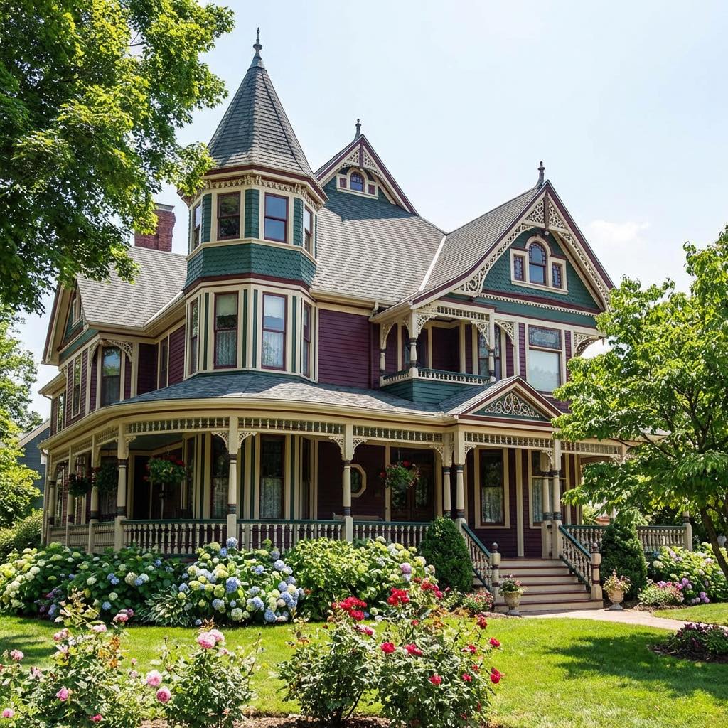 Large purple Victorian house with turret and wraparound porch surrounded by gardens
