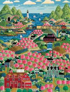 Illustrated village with pink cherry blossoms, houses, green hills, boats, and ocean