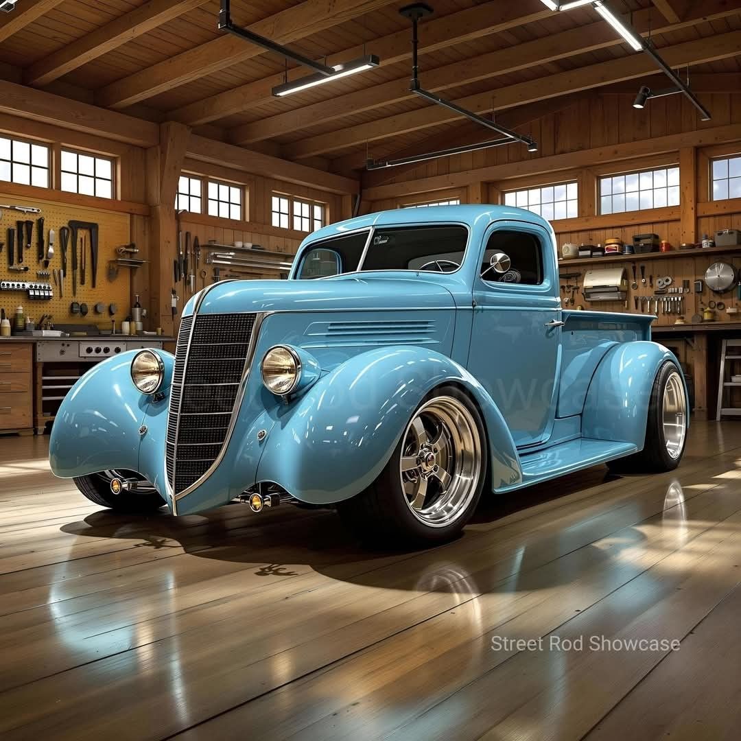 Shiny blue custom hot rod pickup truck in wooden garage