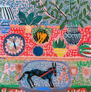Naive art painting with donkey, rainbow chard, potted plants and folk patterns in vibrant colors
