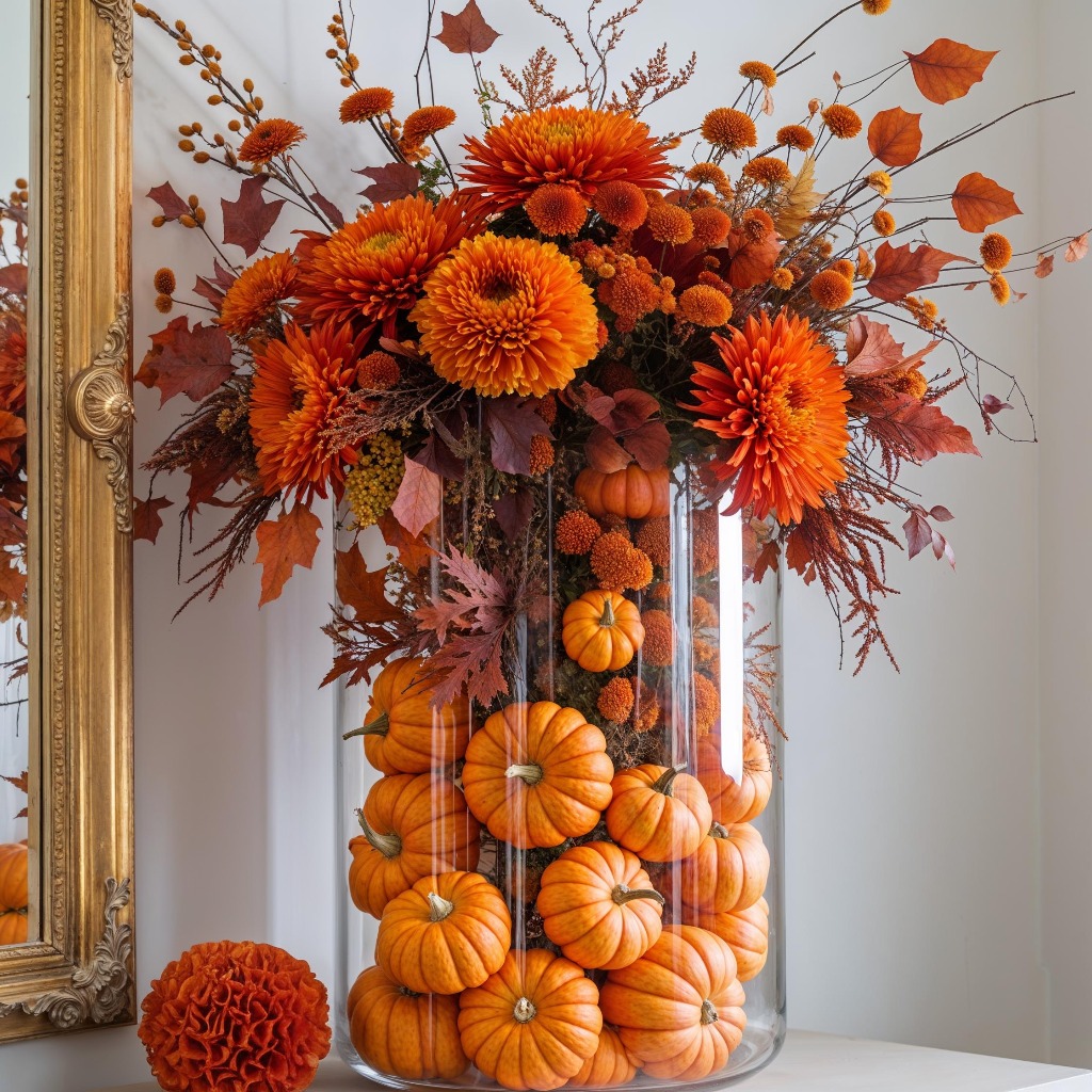 Glass vase with pumpkins and orange flowers arrangement