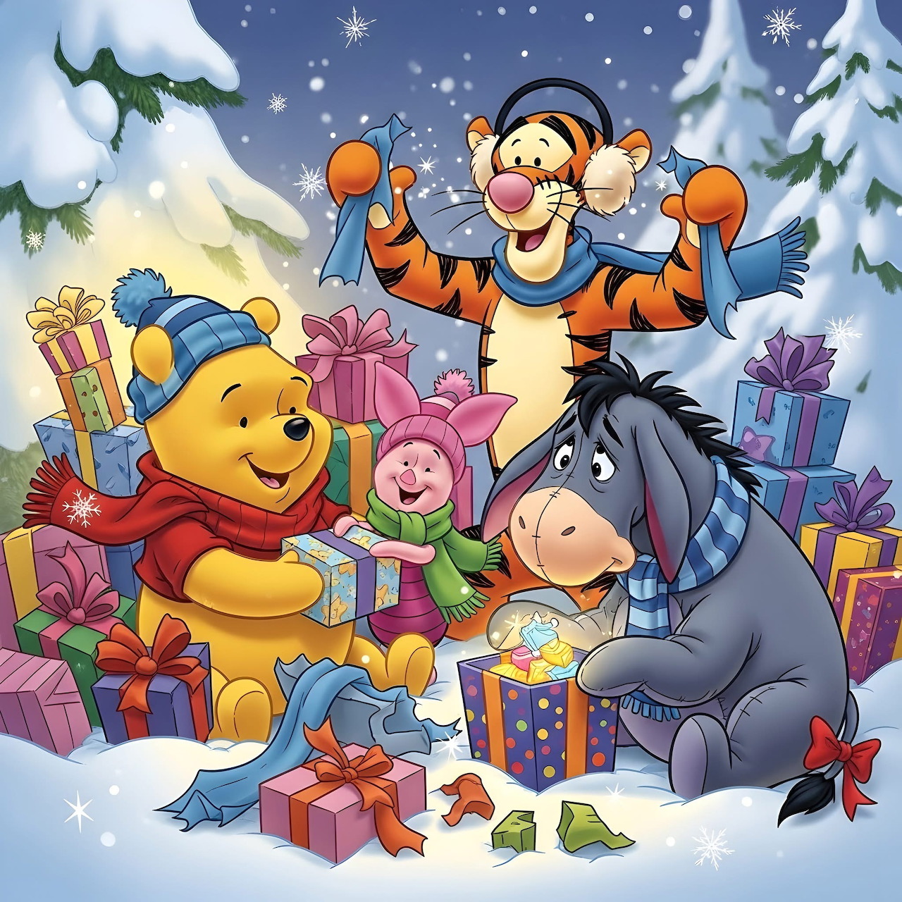 Winnie the Pooh characters celebrating Christmas with wrapped presents in snowy scene