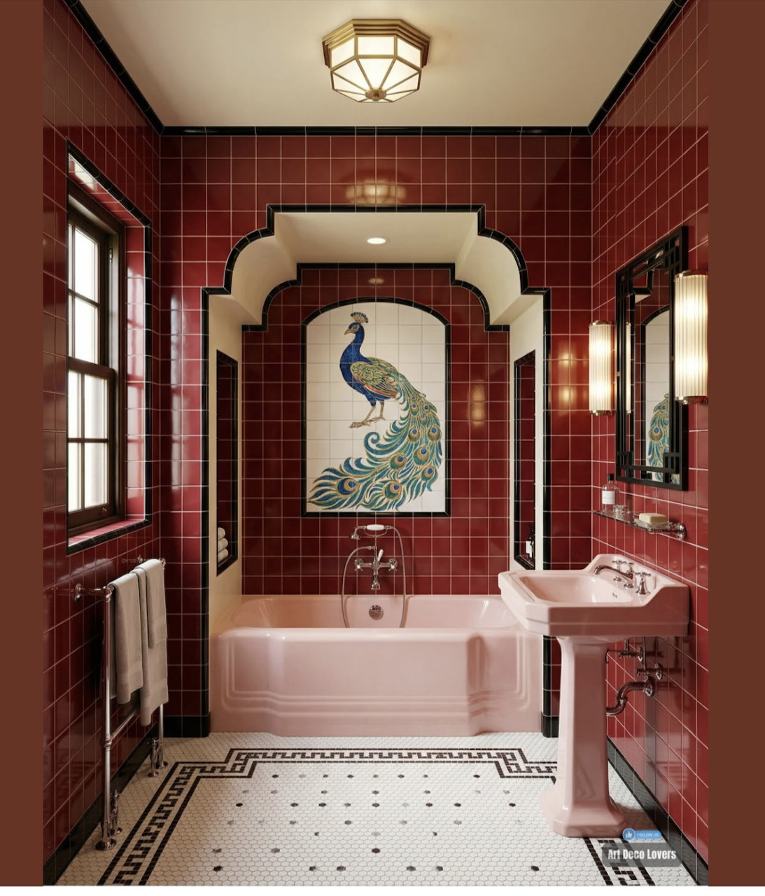 Art Deco style bathroom with deep red tiled walls, white bathtub and sink, and peacock mosaic art centerpiece