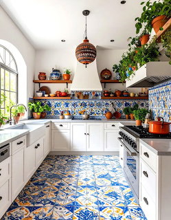 Bright white kitchen with blue and yellow patterned tiles, open shelves, plants, and an arched window