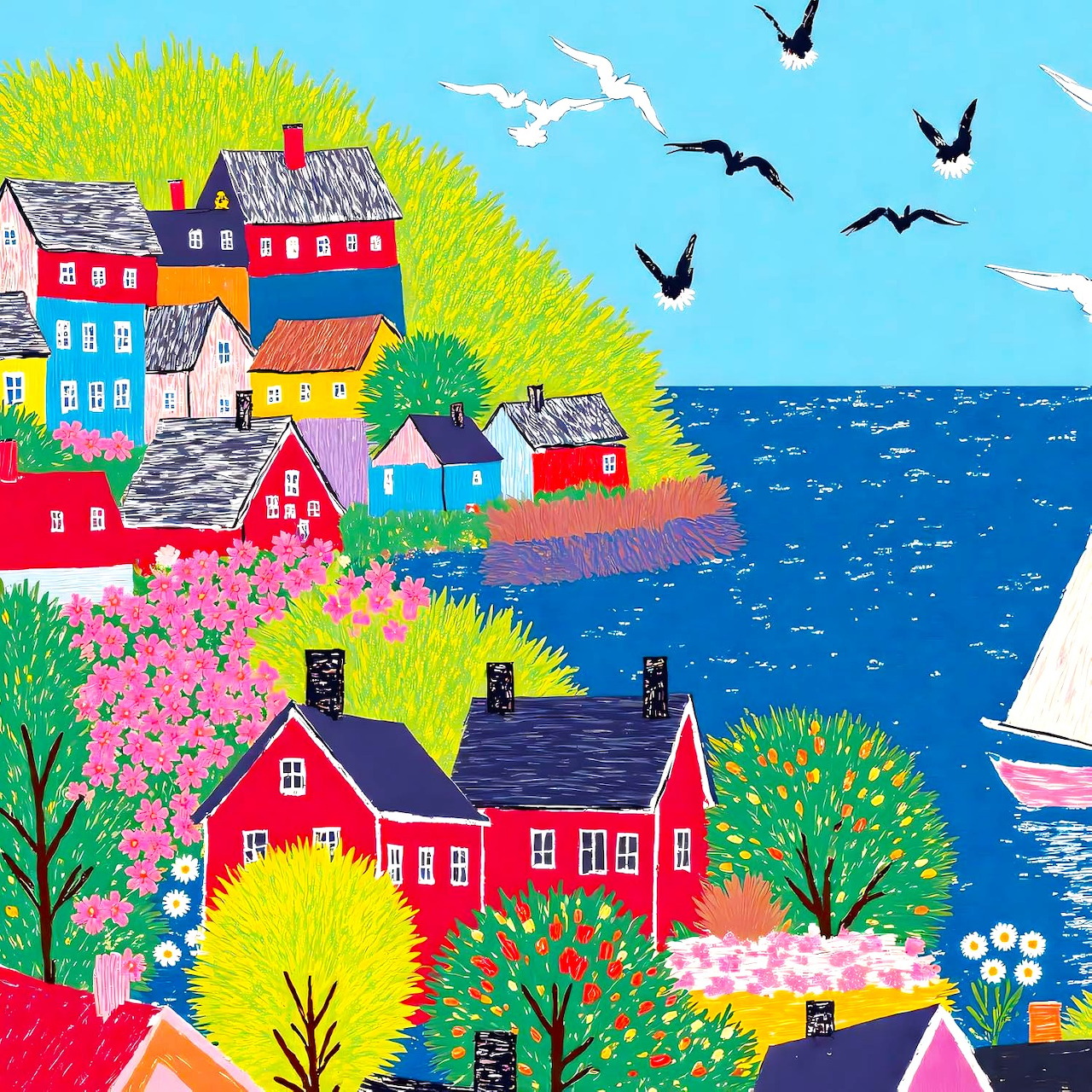 Colorful cottages on green hillside by blue ocean with sailboat and birds